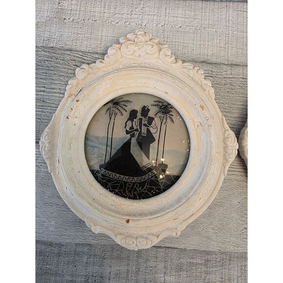 Vintage Oval Convex Reverse Painted Silhouette Wall Art Set Victorian - Picture 3 of 7